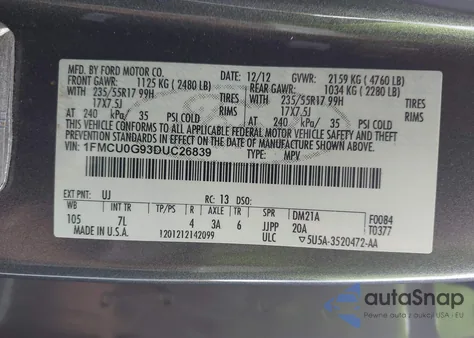 2013 Ford Escape Se z USA, uszkodzony, nr VIN 1FMCU0G93DUC26839